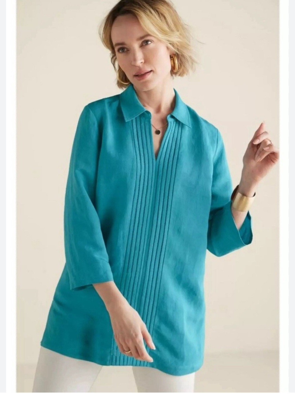 Soft Surroundings Camellia teal 3/4 sleeve linen viscose blend tunic XL